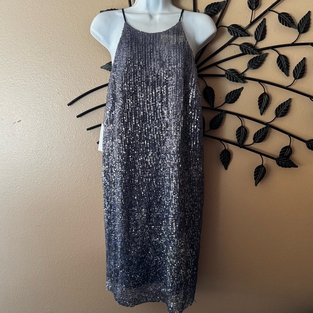 H Halston Women's Gunmetal Black Cocktail Dress Sequins Mini Halter Size 8